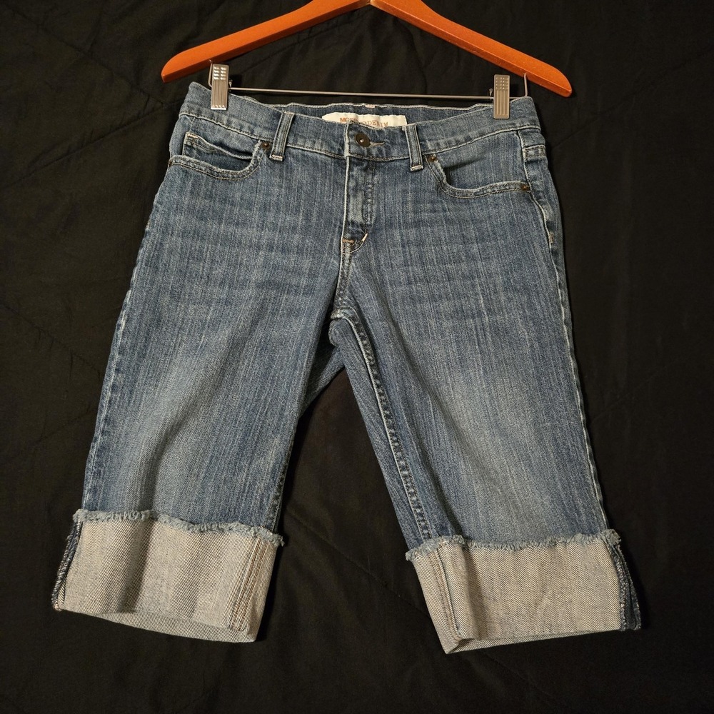 Mossimo Denim Shorts Juniors 9 Blue Denim Bermuda Cuffed Embroidered Stretch